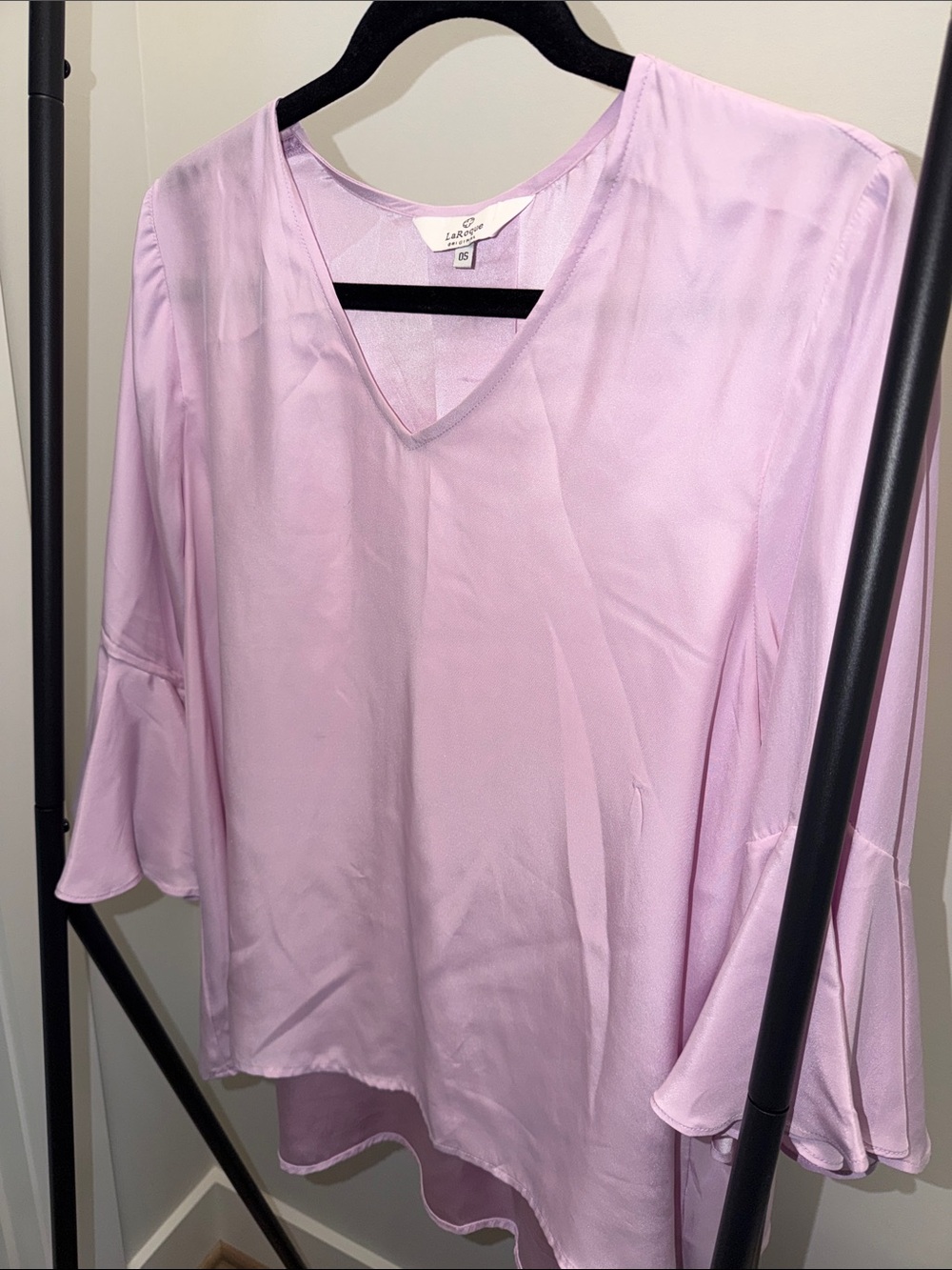 LaRoque Park Silk Top Pale Lavender V-Neck Bell Sleeve Blouse